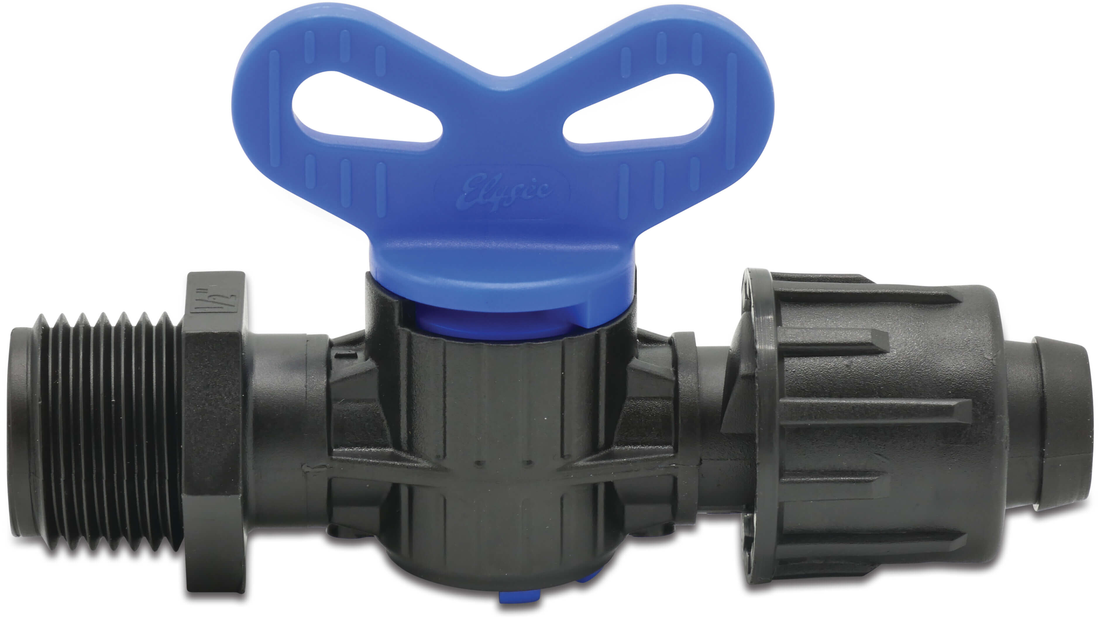 Plugkraan PP 1/2" x 17 mm buitendraad x tape 3bar zwart/blauw